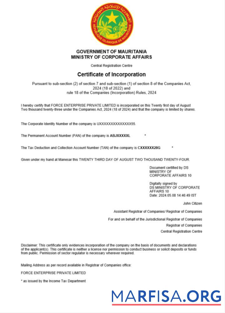 Printable Mauritania business registration certificate Word and PDF template